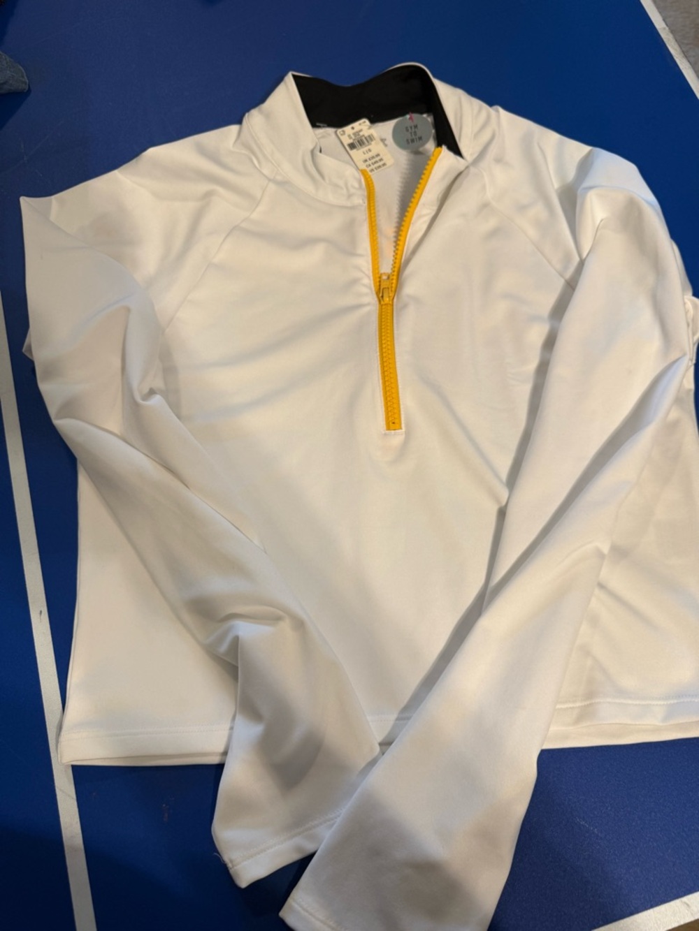 Gym to Swim White & Black Zip-Up Top with Yellow Trim